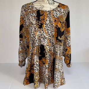 COCOMO Black White Gold Long Blouse Ruched Sleeves Size XL Mixed Animal Print